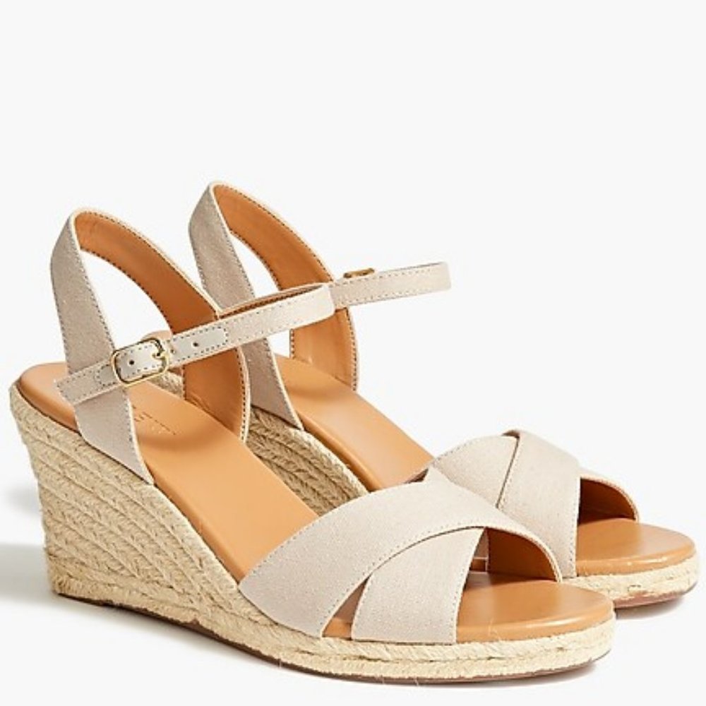 JCrew Women's Canvas Peep-Toe Wedge Espadrille Sandals - Size 7